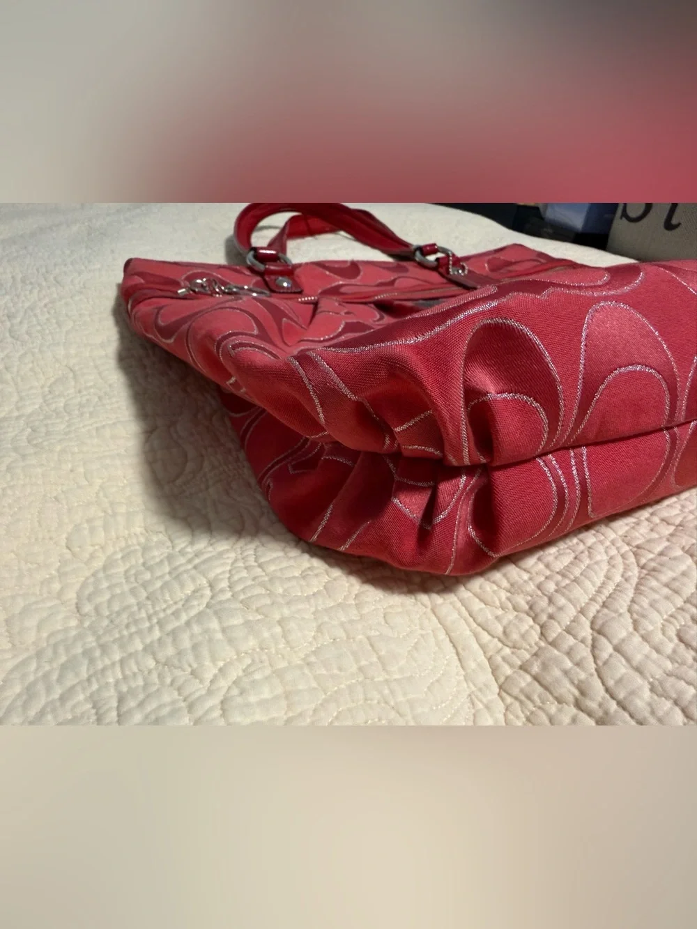 Coach Poppy Red Signature Shoulder Tote with silver tone Hardware!